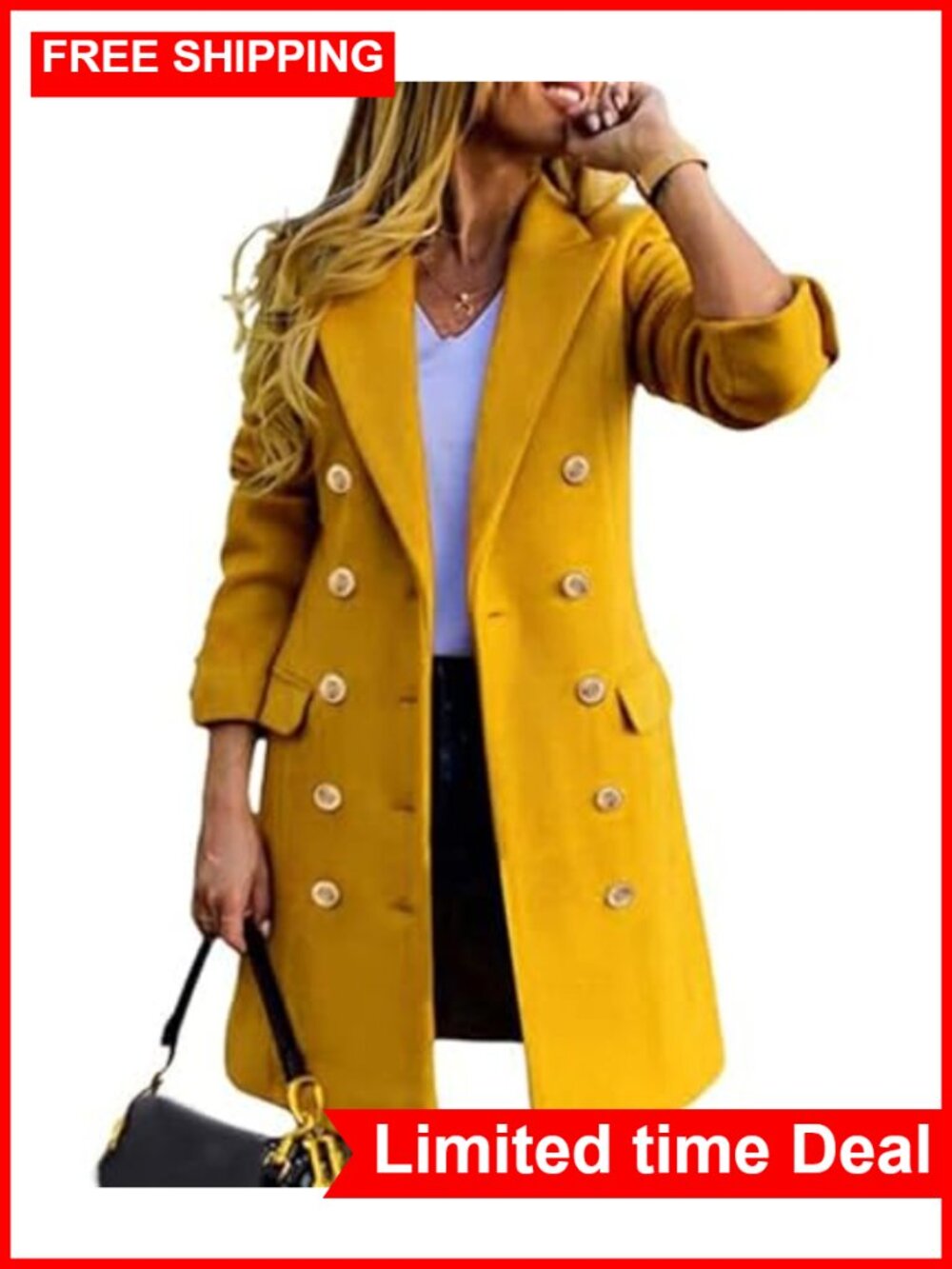 Women's Double Breasted Notched Lapel Trench Coat Knee Length Overcoat